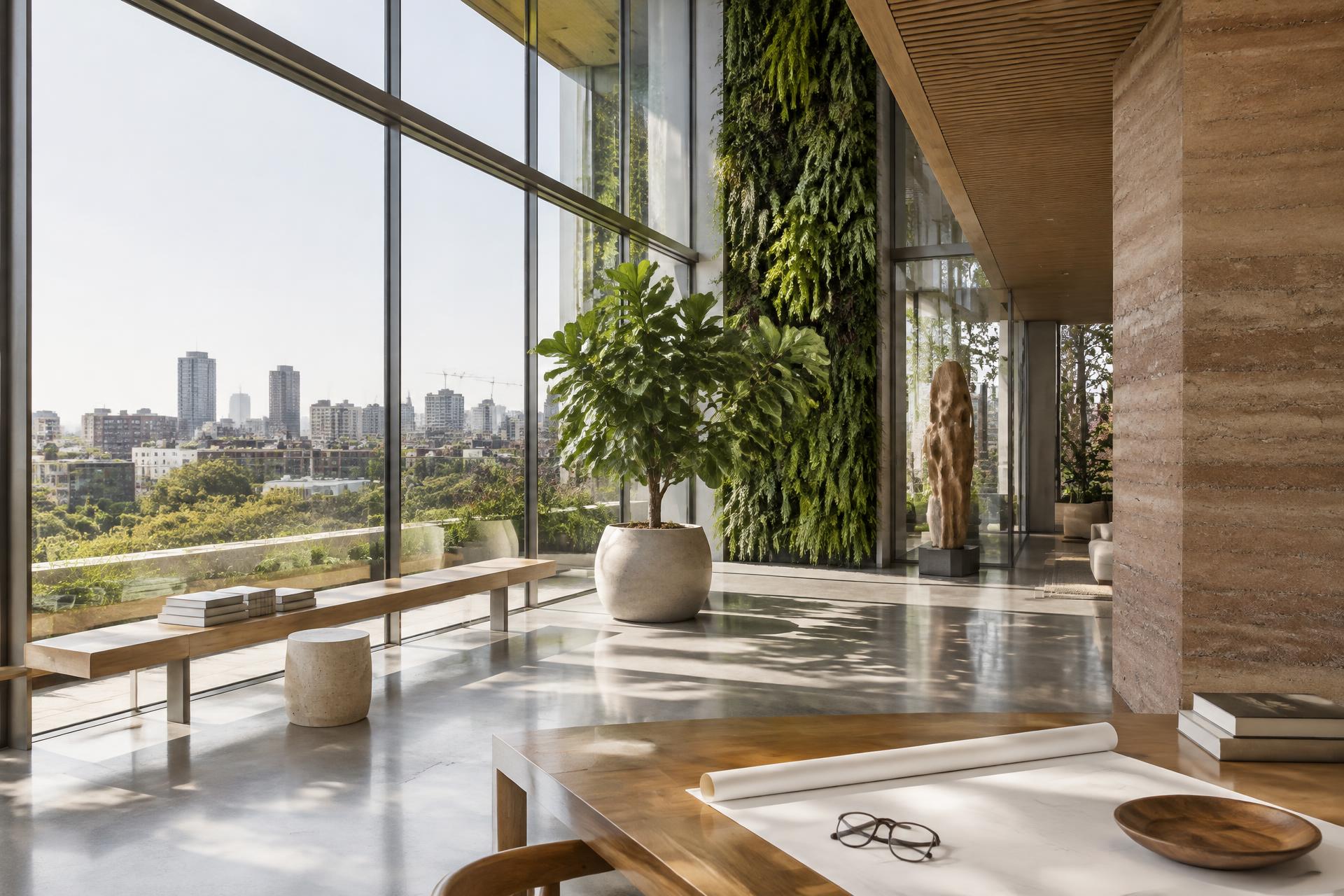 Illustrative double-height residence interior with glass walls, a living plant wall, and a city skyline beyond