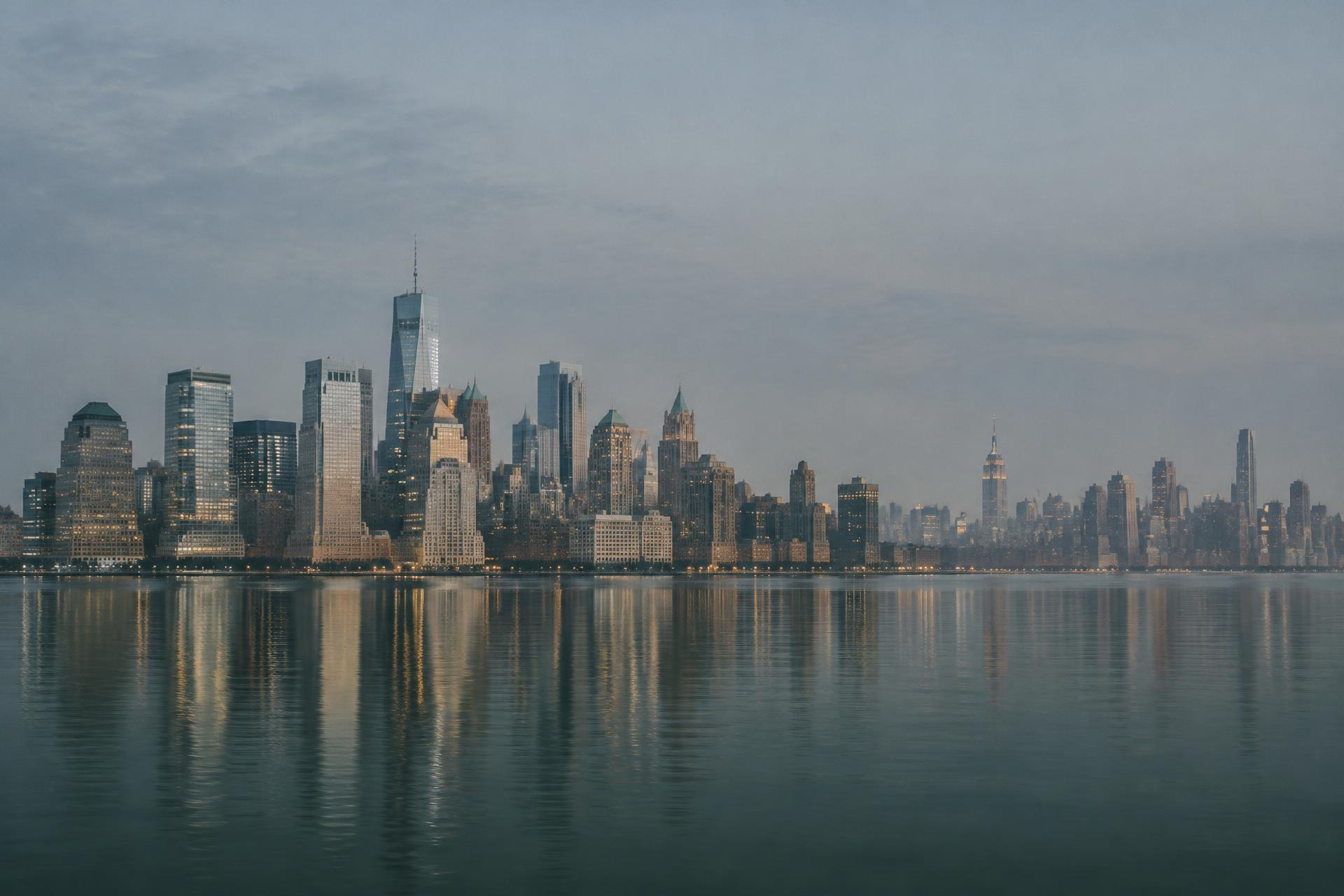 Illustrative view of the New York City skyline at blue hour, seen across calm water